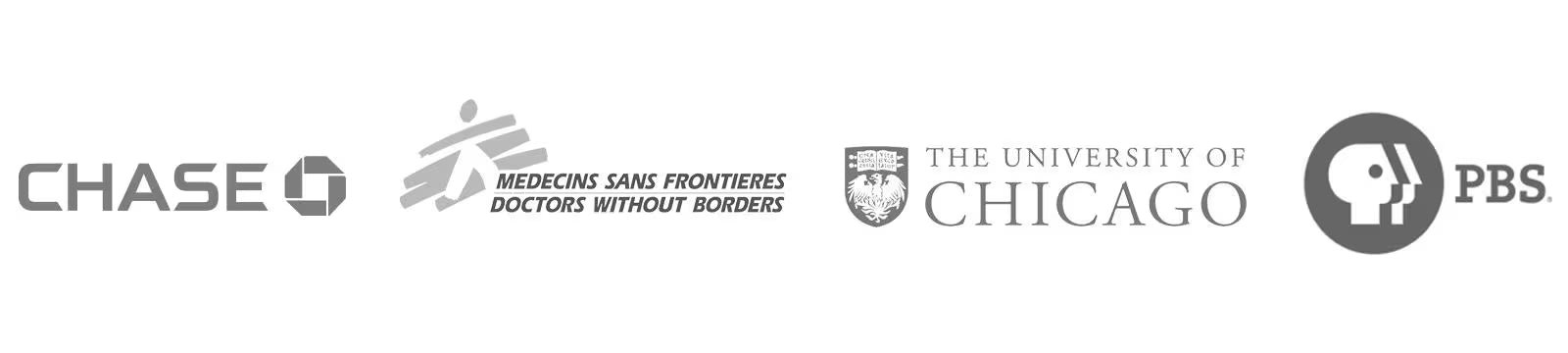 Logos of Chase, Doctors Without Borders, The University of Chicago, and PBS on a white background