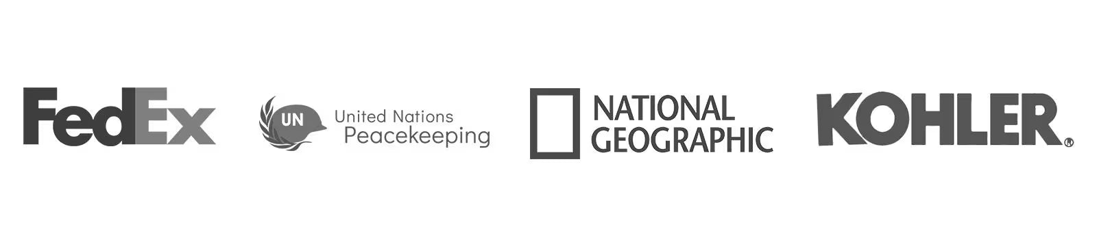 Logos of FedEx, United Nations Peacekeeping, National Geographic, and Kohler on a white background